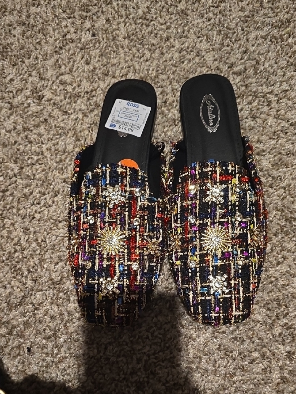 Embellished Tweed Slip-On Mules - Black Multicolor